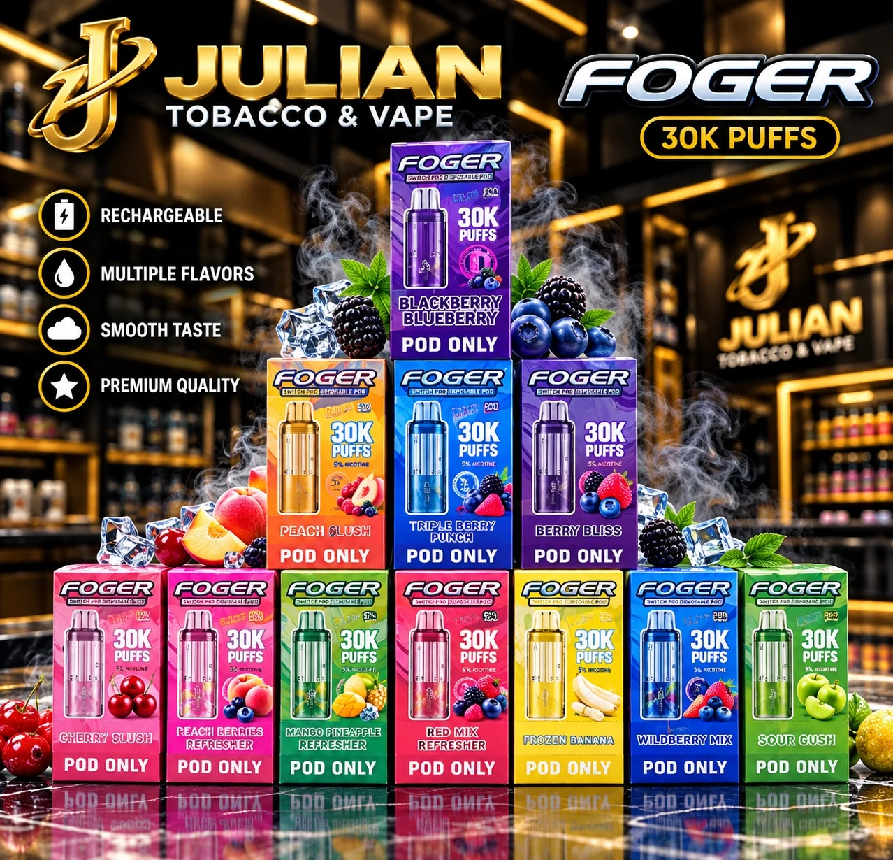 Foger 30K pod selection at Julian Tobacco & Vape in Arden, NC