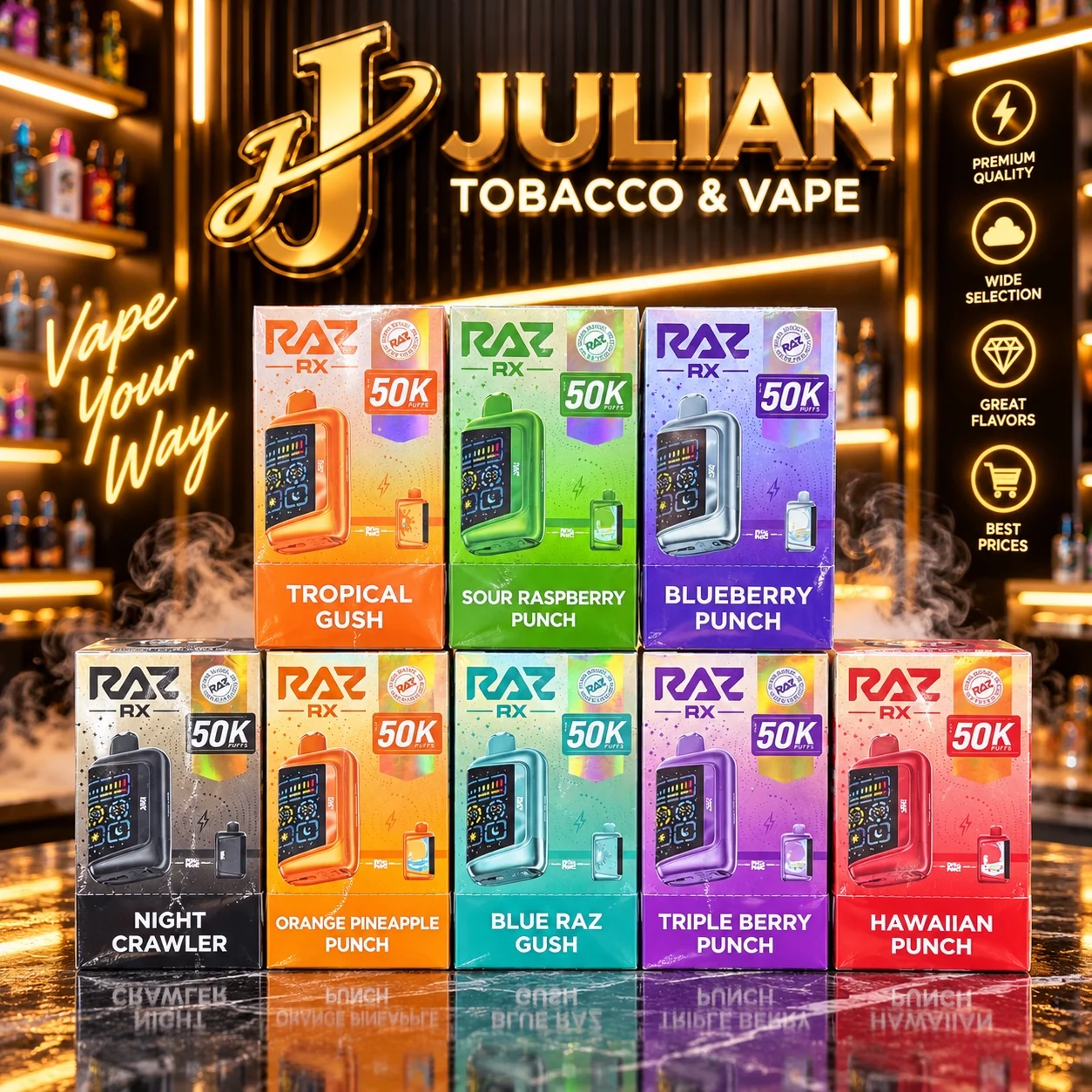 RAZ RX 50K vape selection at Julian Tobacco & Vape in Arden, NC
